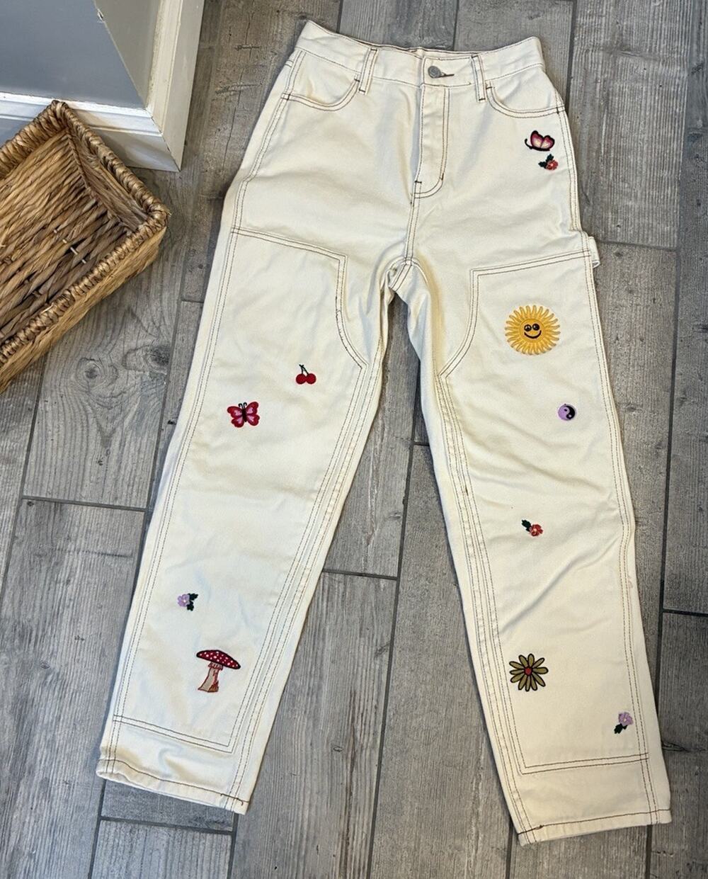 Pacsun High-Rise Carpenter Jeans Cream Straight Leg 24